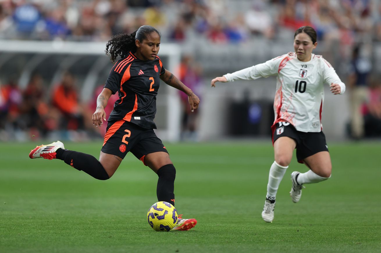Mary Jose Álvarez #2 of Colombia looks to pass the ball in front of Fuka Nagano #10 of Japan during the second half of the 2025 SheBelieves Cup at State Farm Stadium on February 23, 2025 in Glendale, Arizona.