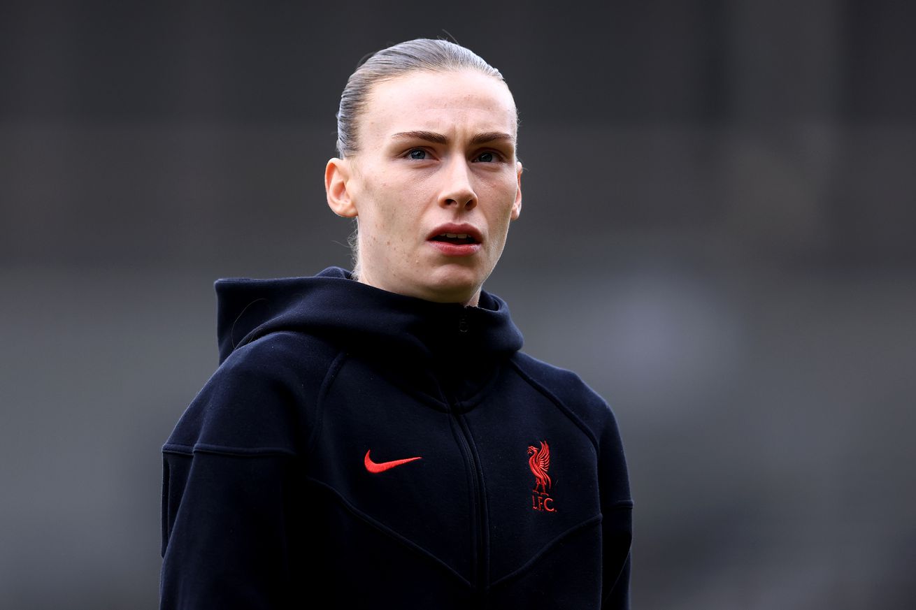 Jenna Clark of Liverpool inspects the pitch prior to the Barclays Women’s Super League match between Liverpool FC and West Ham United FC at The St Helens Stadium on February 02, 2025 in St Helens, England. 