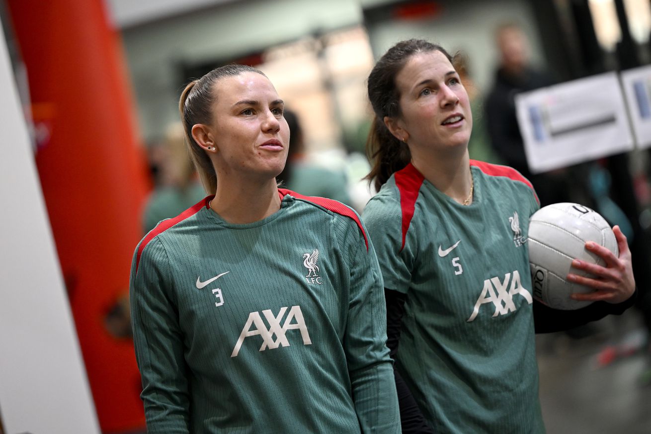 Gemma Evans and Niamh Fahey of Liverpool during a training session at AXA Melwood Training Centre on February 07, 2025 in Liverpool, England.