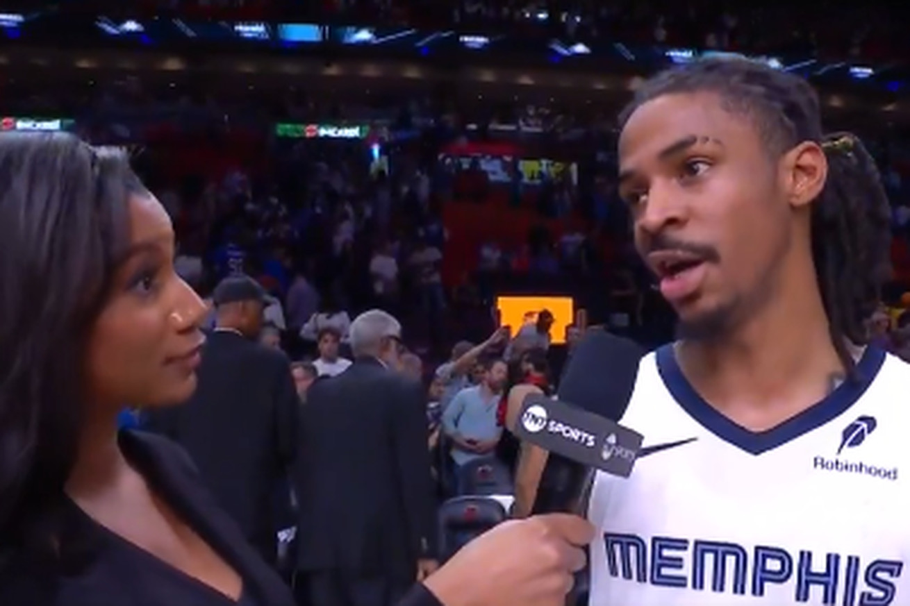 Grizzlies star Ja Morant talks to TNT sideline reporter Taylor Rooks after hitting game-winning shot vs. Miami Heat.