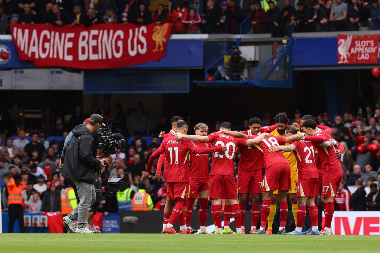 Liverpool fans display a banner reading ‘Imagine being us’ during the Premier League match between Chelsea FC and Liverpool FC at Stamford Bridge on May 04, 2025 in London, England.