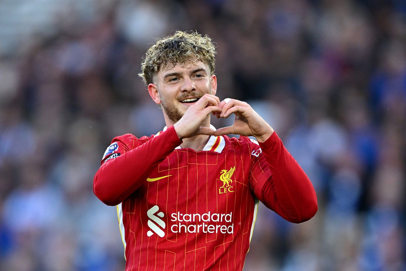 Harvey Elliott of Liverpool celebrates scoring his team’s first goal during the dead rubber Premier League match between Brighton & Hove Albion FC and Liverpool FC at Amex Stadium on May 19, 2025 in Brighton, England.