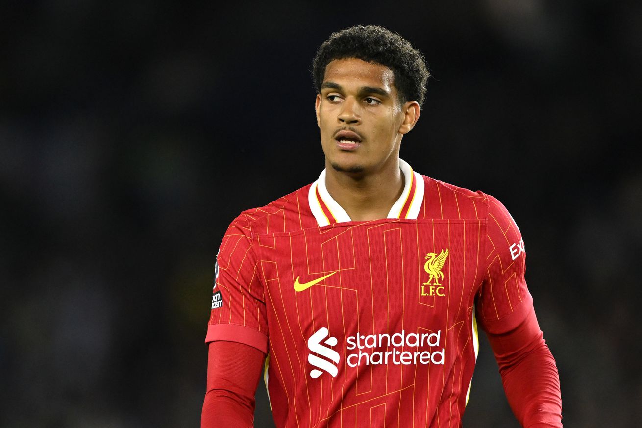Jarell Quansah of Liverpool looks o during the Premier League match between Brighton & Hove Albion FC and Liverpool FC at Amex Stadium on May 19, 2025 in Brighton, England.