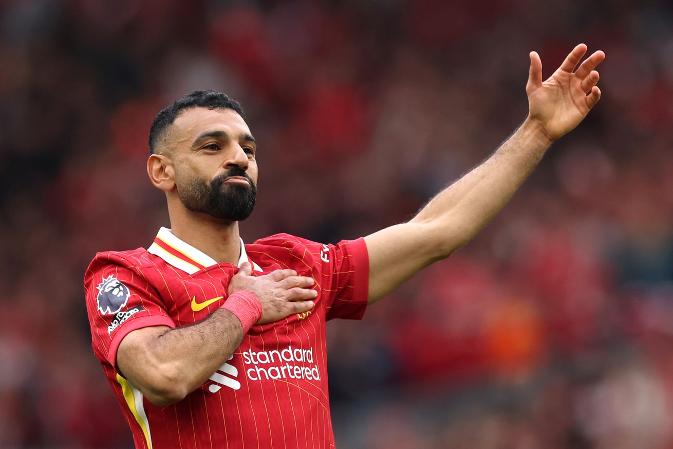 Mohamed Salah of Liverpool celebrates scoring his team’s first goal during the Premier League match between Liverpool FC and Crystal Palace FC at Anfield on May 25, 2025 in Liverpool, England.