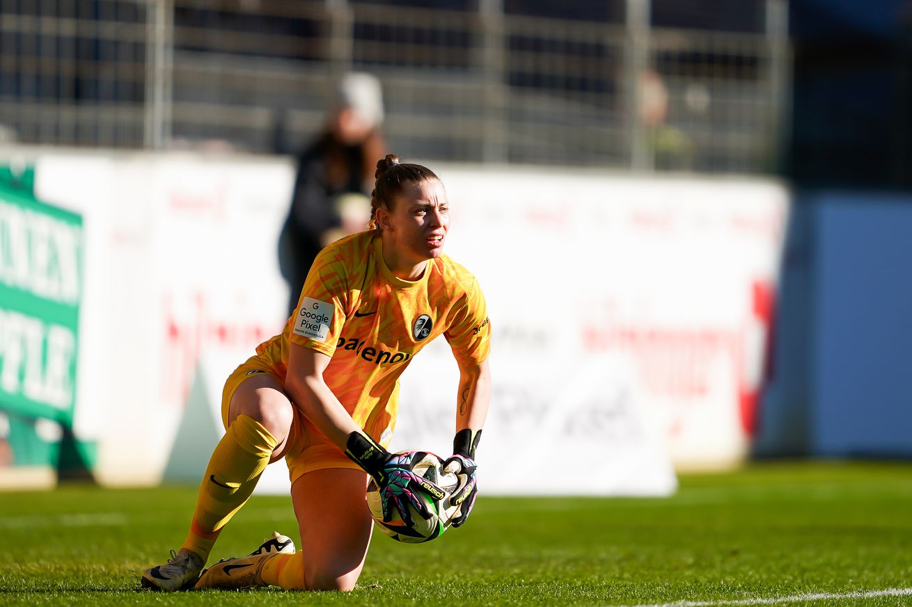 Rafaela Borggrafe of SC Freiburg after a save during the Google Pixel Frauen Bundesliga match between Sport-Club Freiburg and Bayer 04 Leverkusen at Dreisamstadion on January 26, 2025 in Freiburg im Breisgau, Germany.