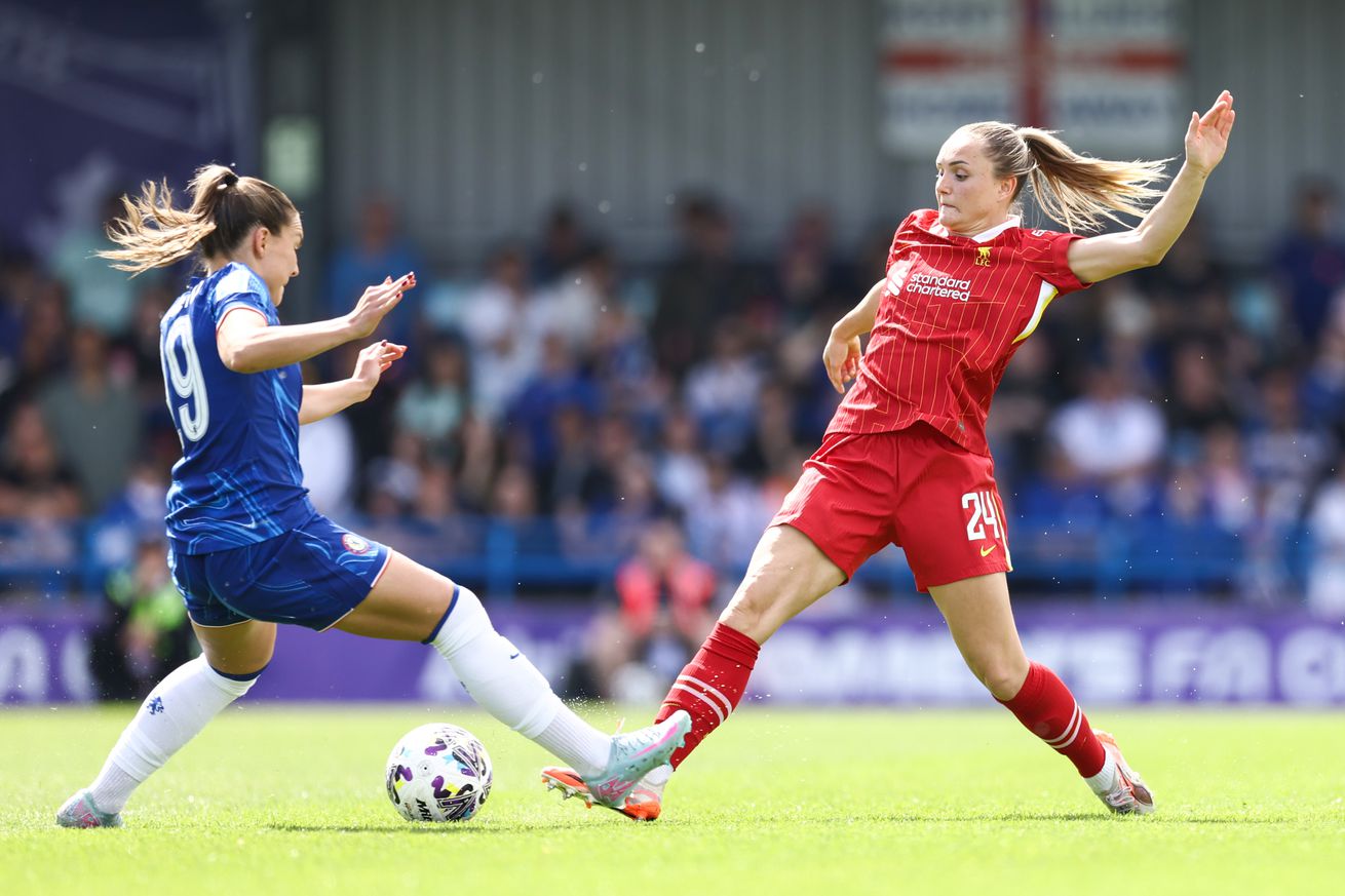 Johanna Rytting Kaneryd of Chelsea and Sam Kerr of Liverpool during The Adobe Women’s FA Cup Semi Final match between Chelsea and Liverpool at Kingsmeadow on April 12, 2025 in Kingston upon Thames, England.